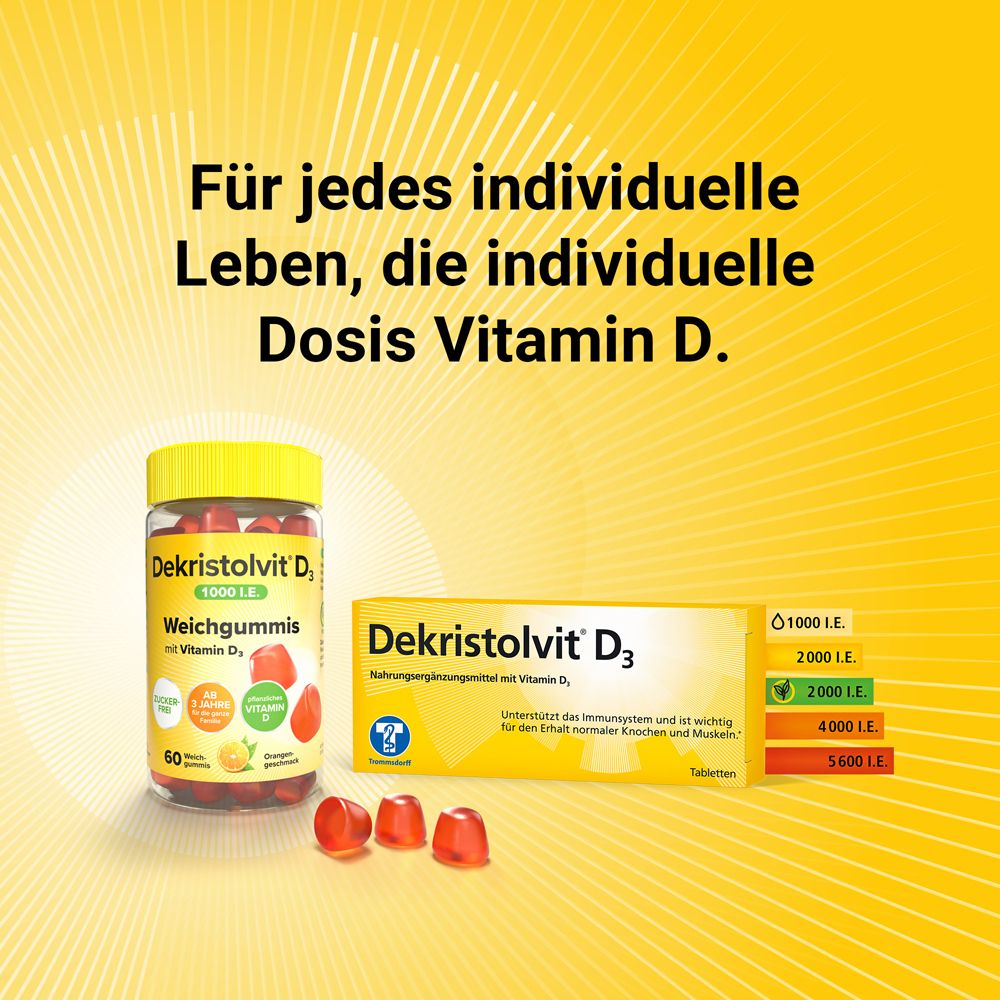 Gelber Hintergrund mit Produktabbildungen. Dekristolvit D3 Weichgummis und Tabletten. Text: Für jedes individuelle Leben, die individuelle Dosis Vitamin D.