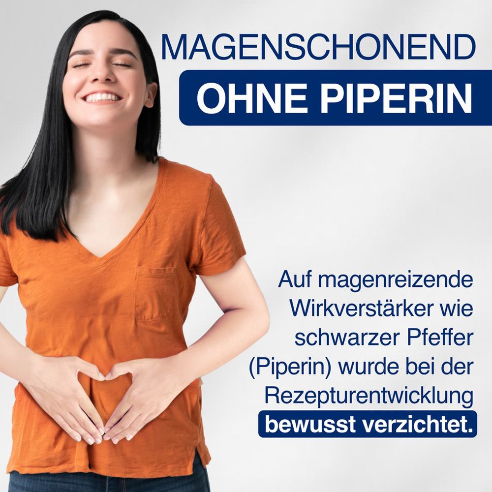 Frau hält sich den Bauch. Text: Magenschonend ohne Piperin.