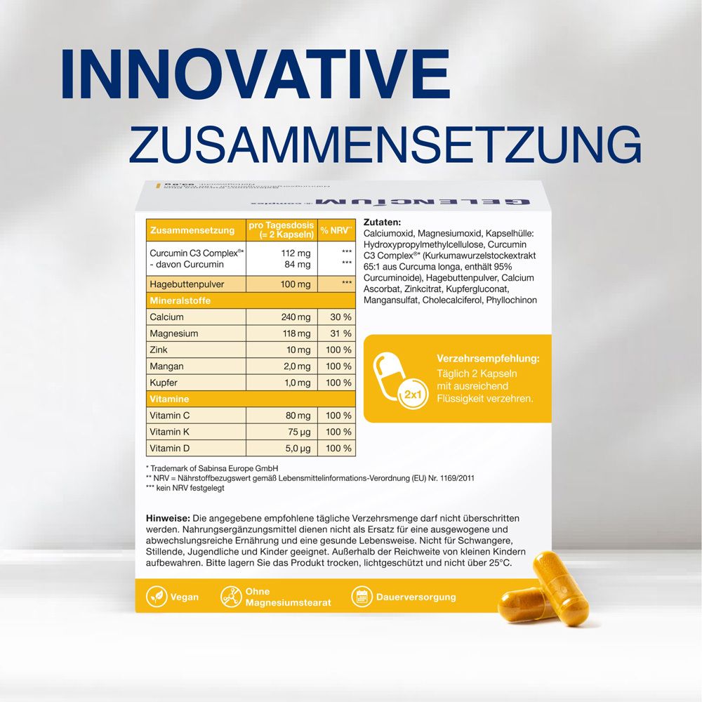 Rückseite der Verpackung. Text: Innovative Zusammensetzung. Inhaltsstoffe, Verzehrempfehlung, Hinweise.