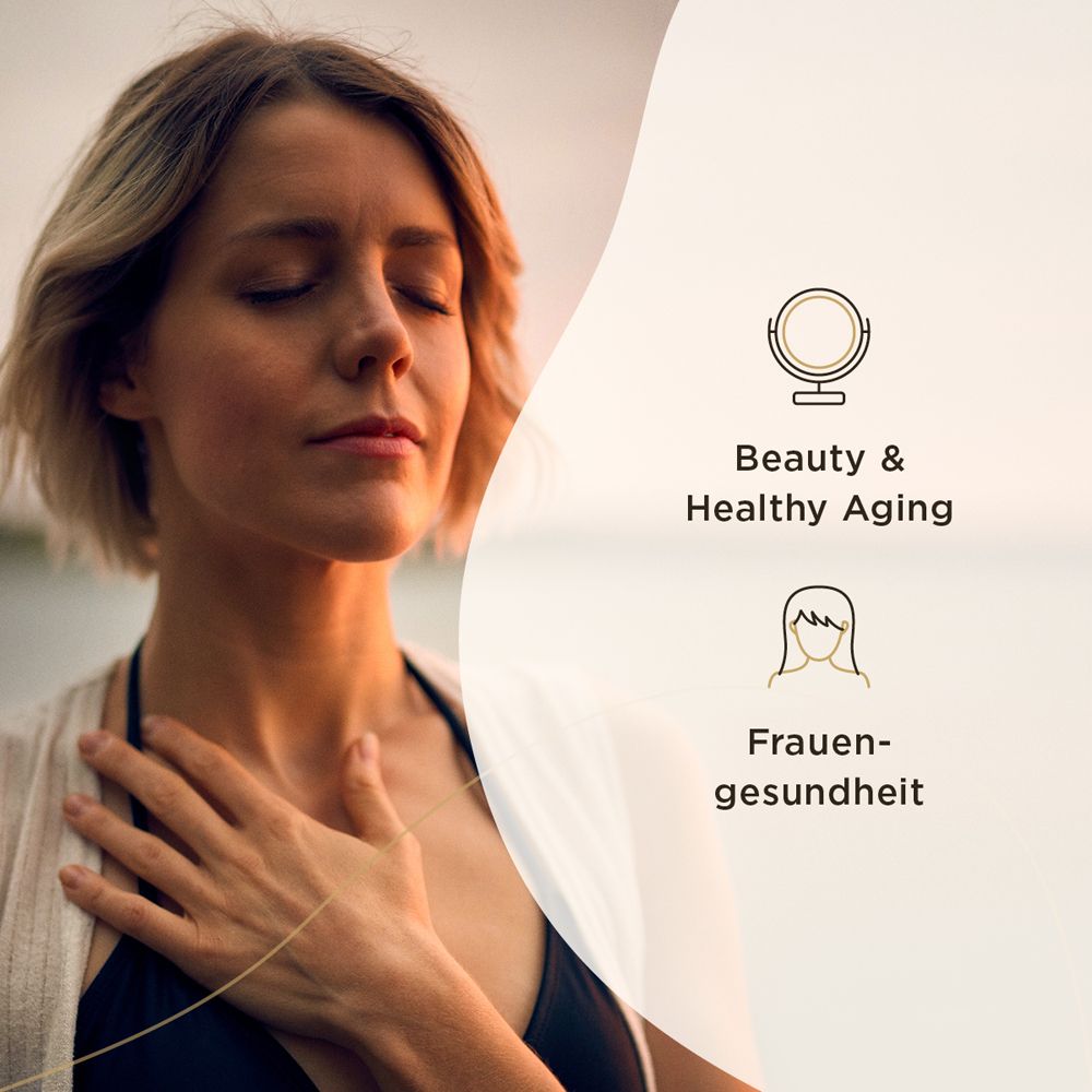 Frau mit geschlossenen Augen, die ihre Hand auf die Brust legt. Text: Beauty & Healthy Aging, Frauengesundheit.