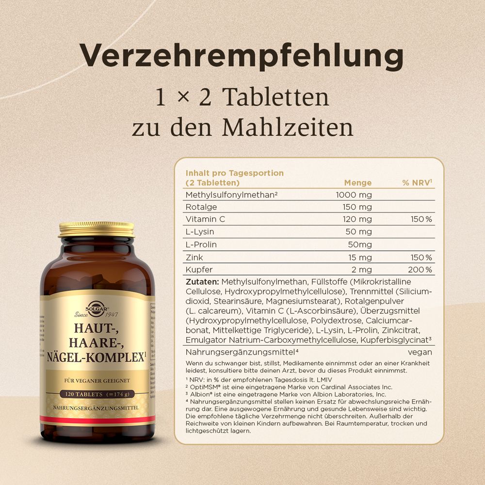 Produktflasche und Tabelle mit Inhaltsstoffen. Dosierung: 1 x 2 Tabletten zu den Mahlzeiten.