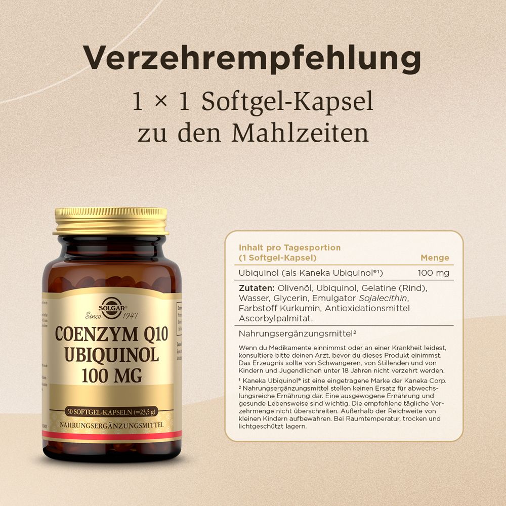 Braune Flasche mit goldenem Deckel. Text: Coenzym Q10 Ubiquinol 100 mg. Verzehrempfehlung: 1 Softgel-Kapsel.