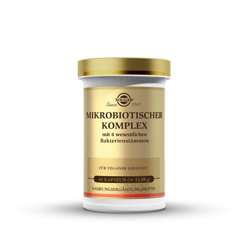 SOLGAR® Mikrobiotischer Komplex. Weiße Dose mit goldenem Deckel. Aufschrift: 60 Kapseln. Nahrungsergänzungsmittel.