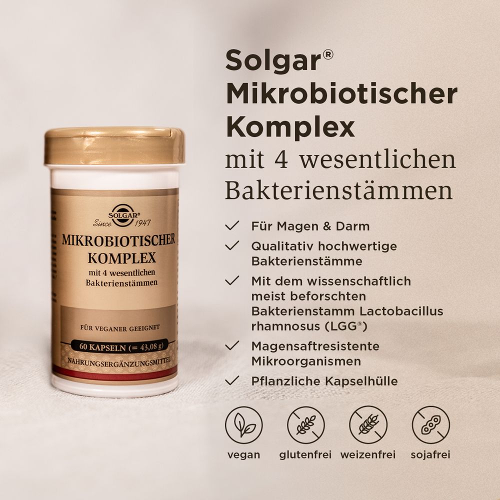SOLGAR® Mikrobiotischer Komplex. Dose mit Text und Logos. Vegan, glutenfrei, weizenfrei, sojafrei. Für Magen & Darm.