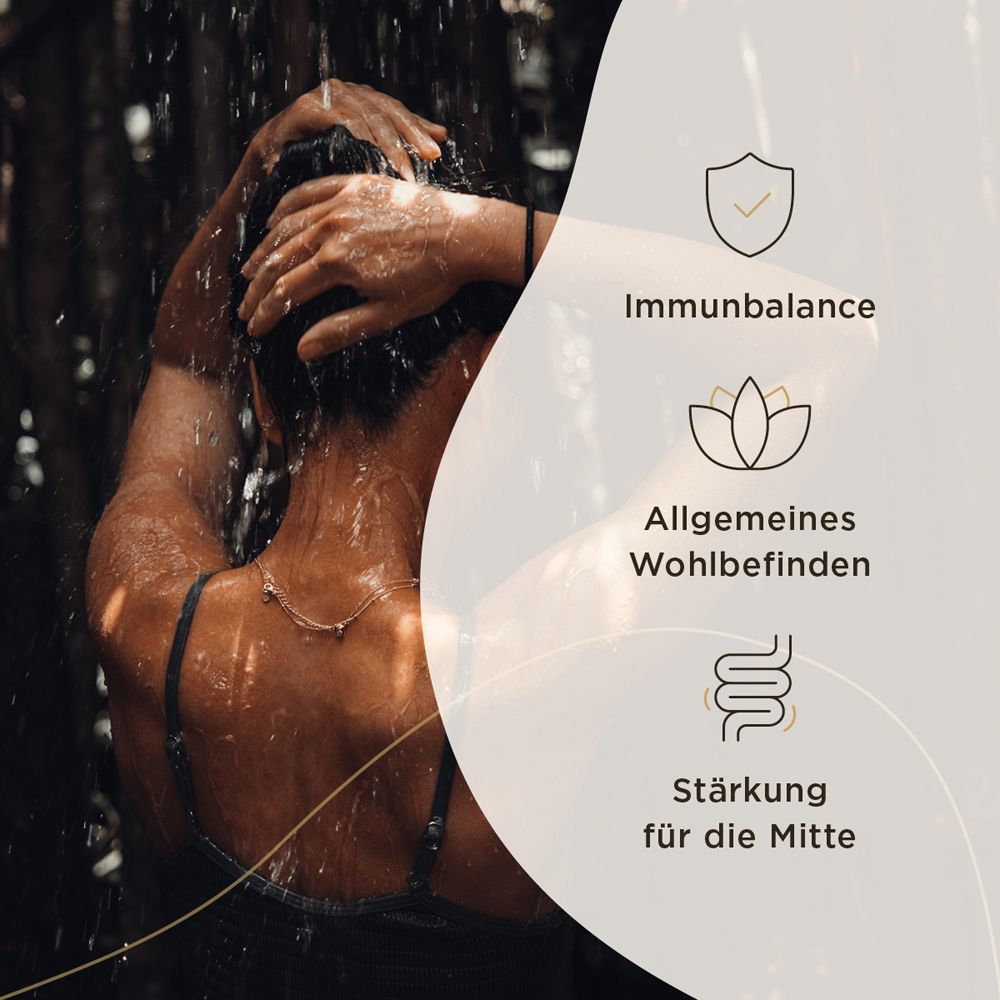 Grafik mit Symbolen. Immunausgleich, allgemeines Wohlbefinden, Stärkung für die Mitte. Frau unter Dusche.