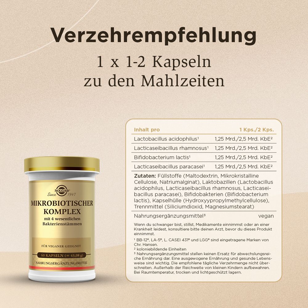 SOLGAR® Mikrobiotischer Komplex. Dose mit Text. Verzehrempfehlung: 1-2 Kapseln zu den Mahlzeiten. Inhaltsstoffe.