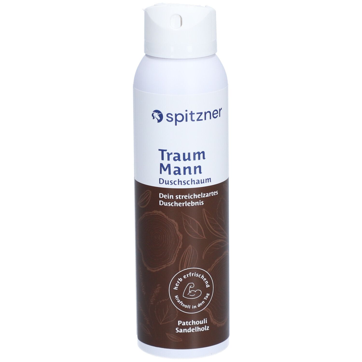 Spitzner Duschschaum Traum Mann mit Patchouli Sandelholz Duft. Weißer Aerosolbehälter mit braunem Etikett.