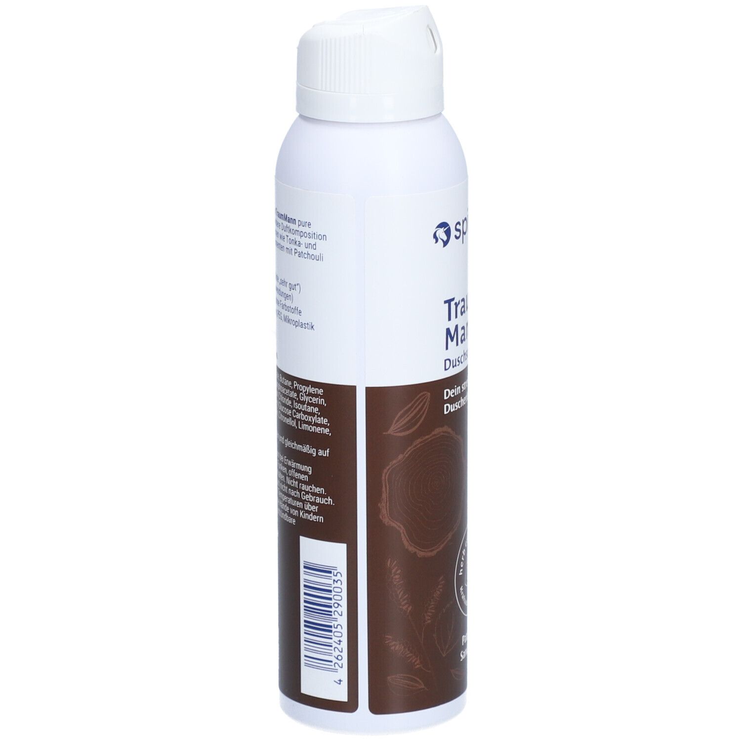 Weiße Aerosoldose mit braunem Etikett, das Inhaltsstoffe und Produktinformationen zeigt.