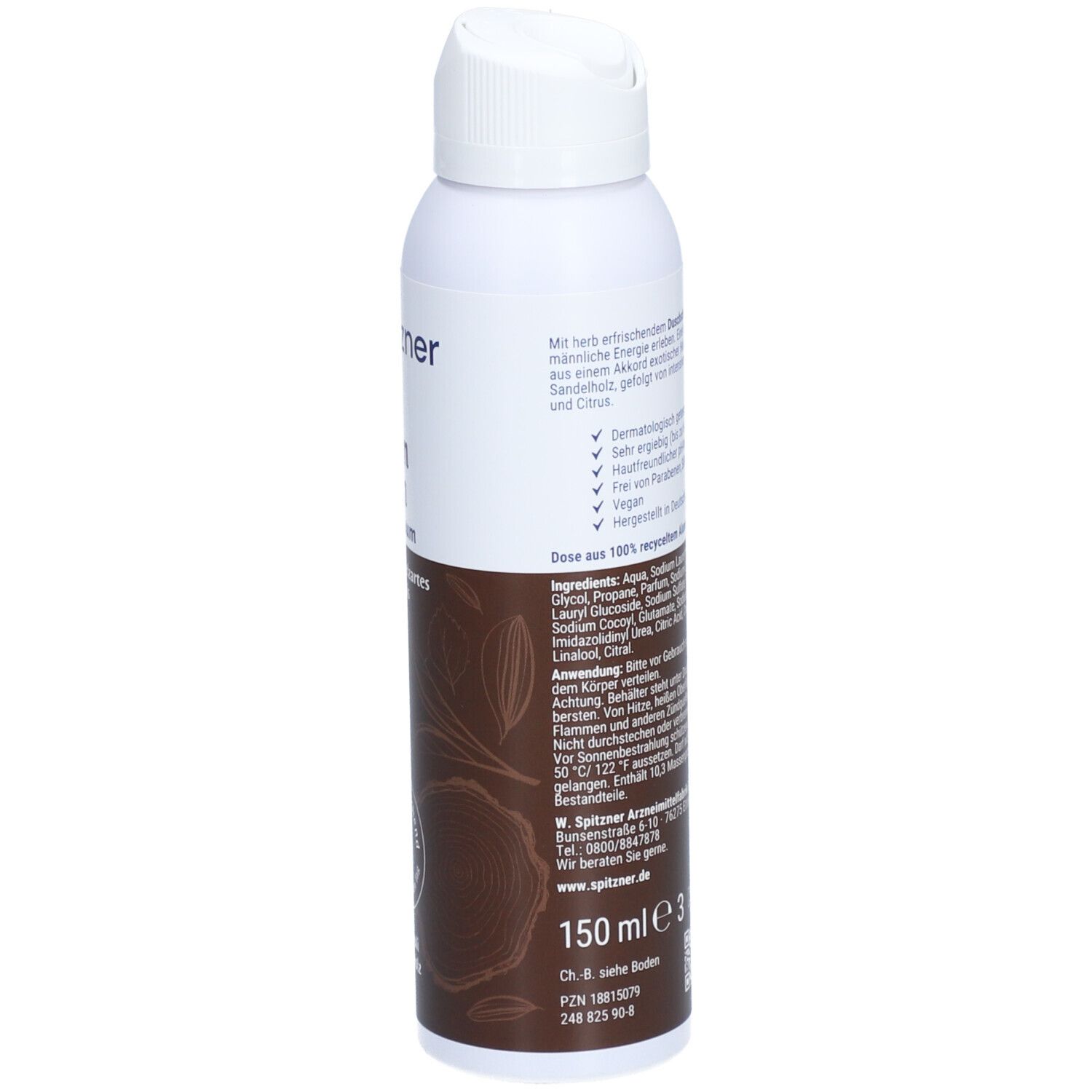 Weiße Sprühflasche mit weißem Klappdeckel, 150 ml. Enthält Inhaltsstoffe und Anwendungshinweise.