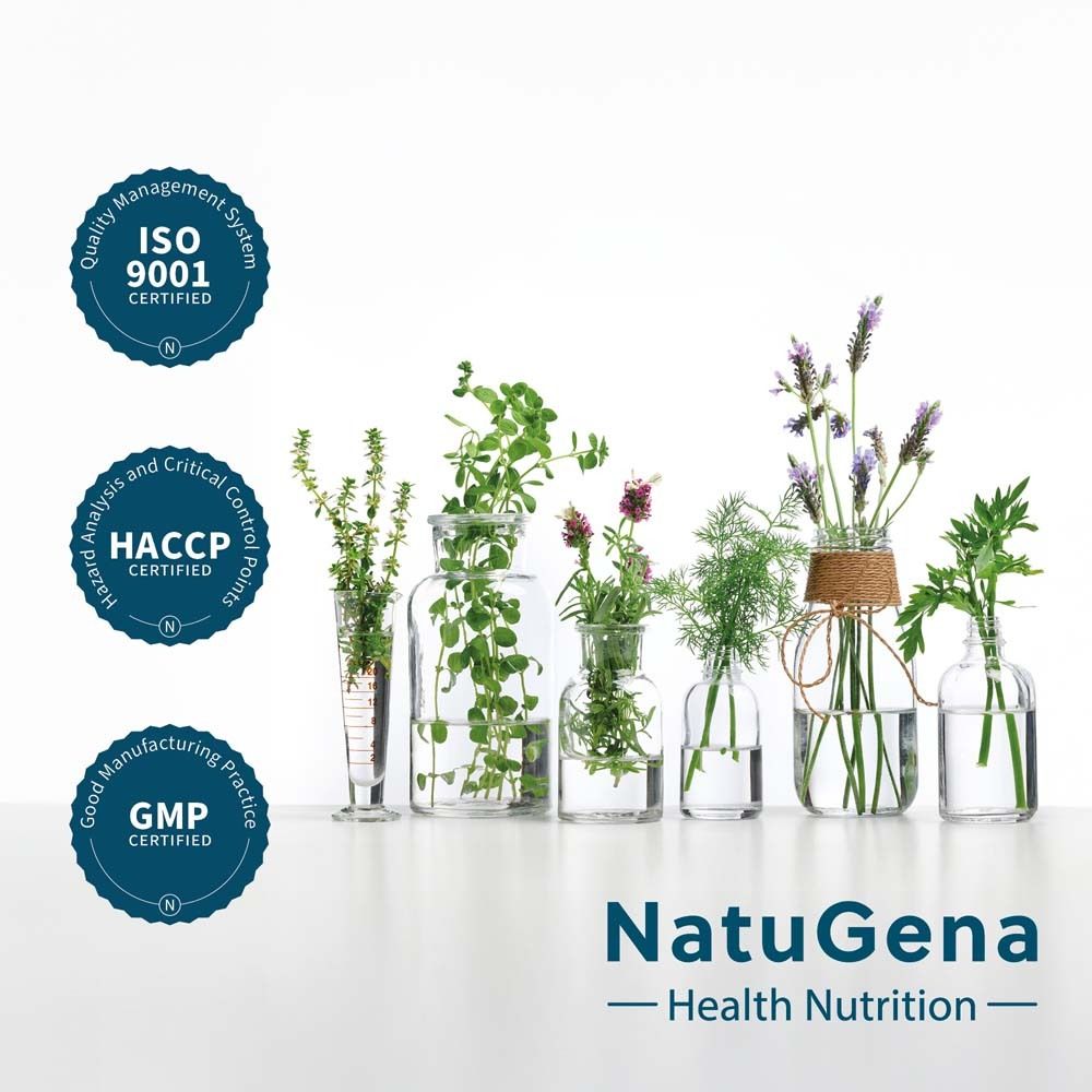 Verschiedene Kräuter in Glasvasen. Logos: ISO 9001, HACCP, GMP. Text: NatuGena - Health Nutrition.