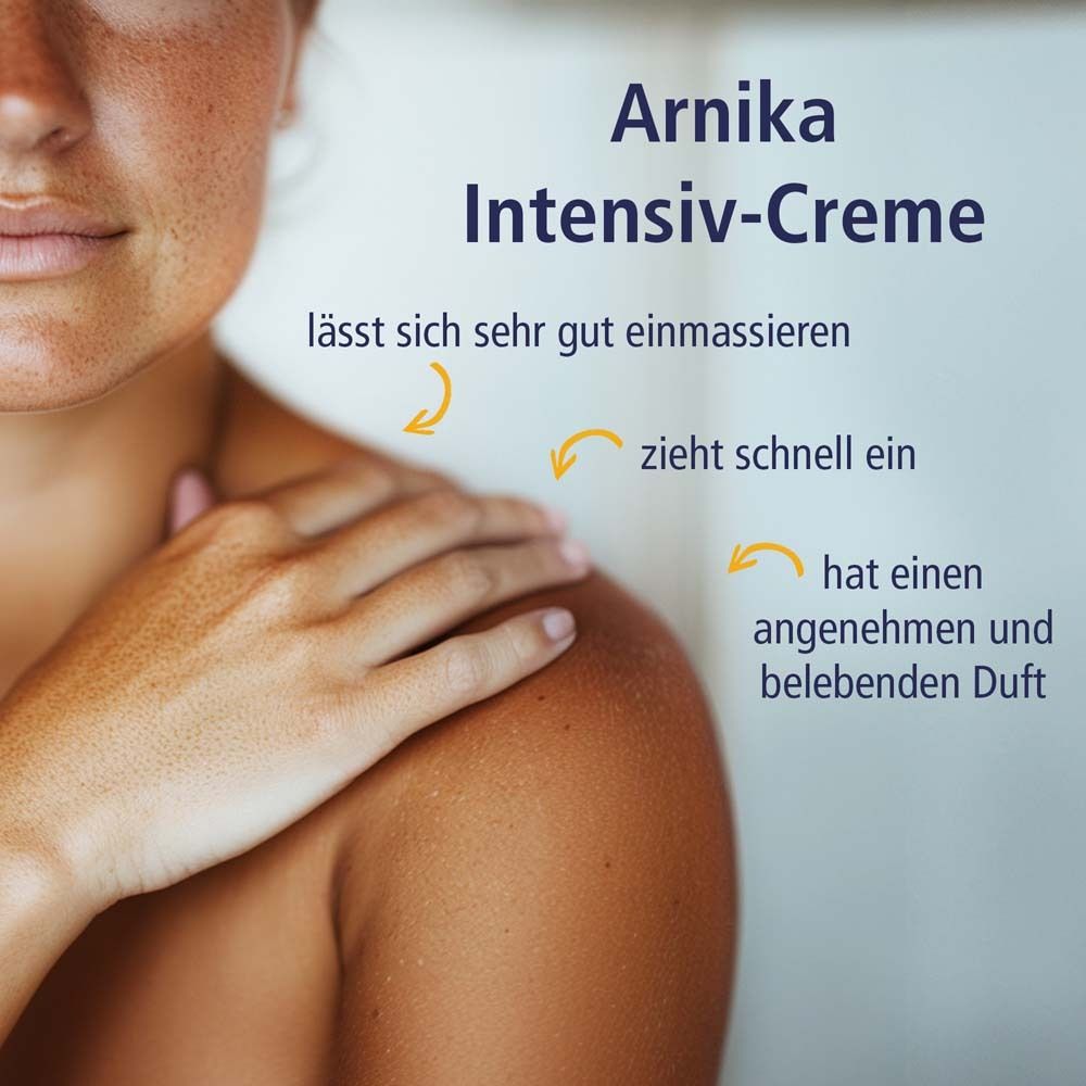 Schulter einer Frau. Text: Arnika Intensiv-Creme, zieht schnell ein, angenehmer Duft.
