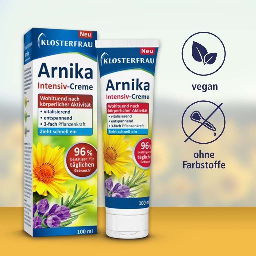 Klosterfrau Arnika Intensiv-Creme. Tube und Schachtel. Vegan, ohne Farbstoffe.