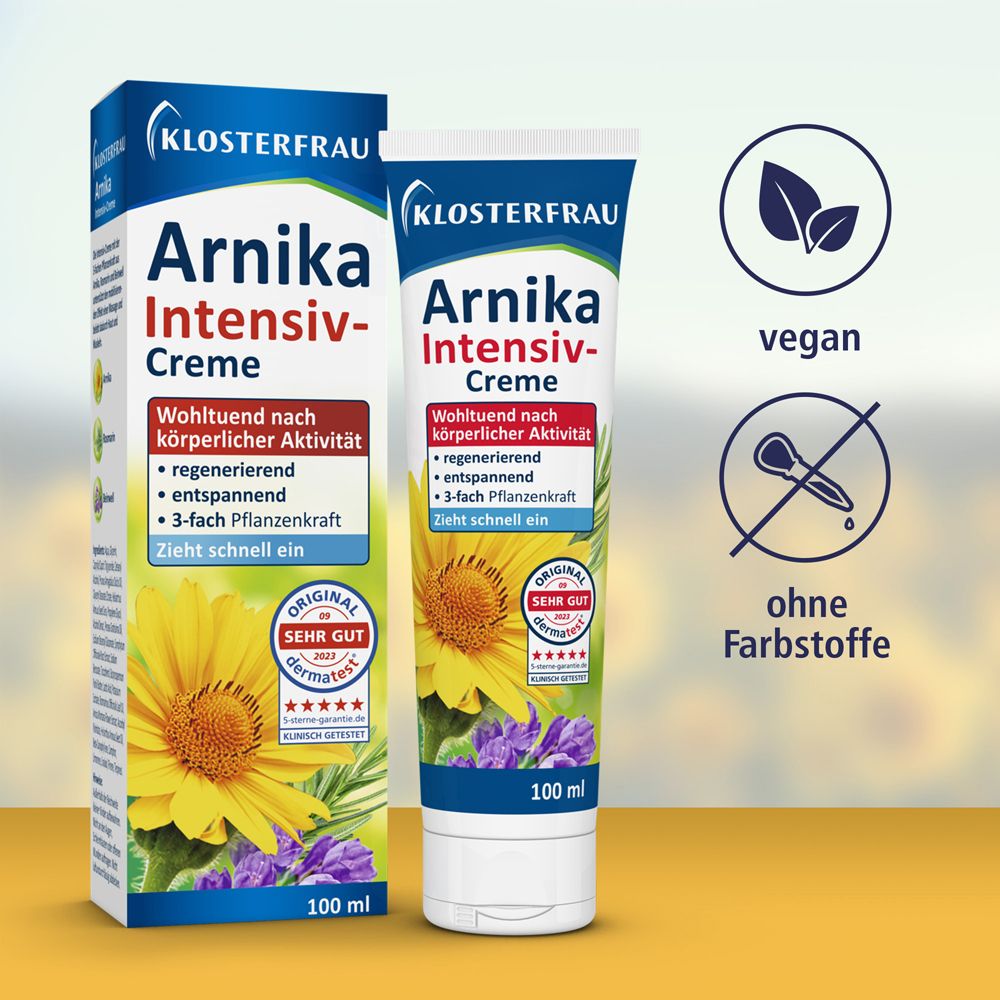 Klosterfrau Arnika Intensiv-Creme. Tube und Schachtel. Vegan, ohne Farbstoffe. Text: 100 ml.