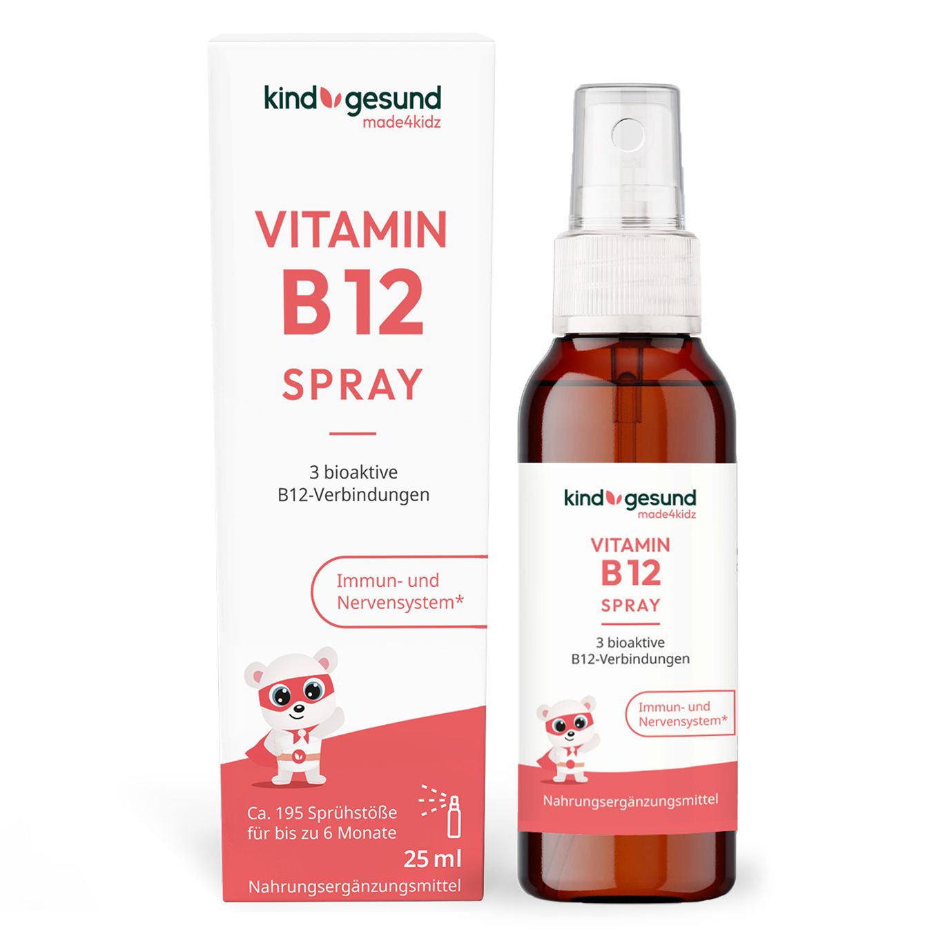 Vitamin B12 Spray für Kinder. Flasche und Verpackung. 25 ml. kindgesund®.