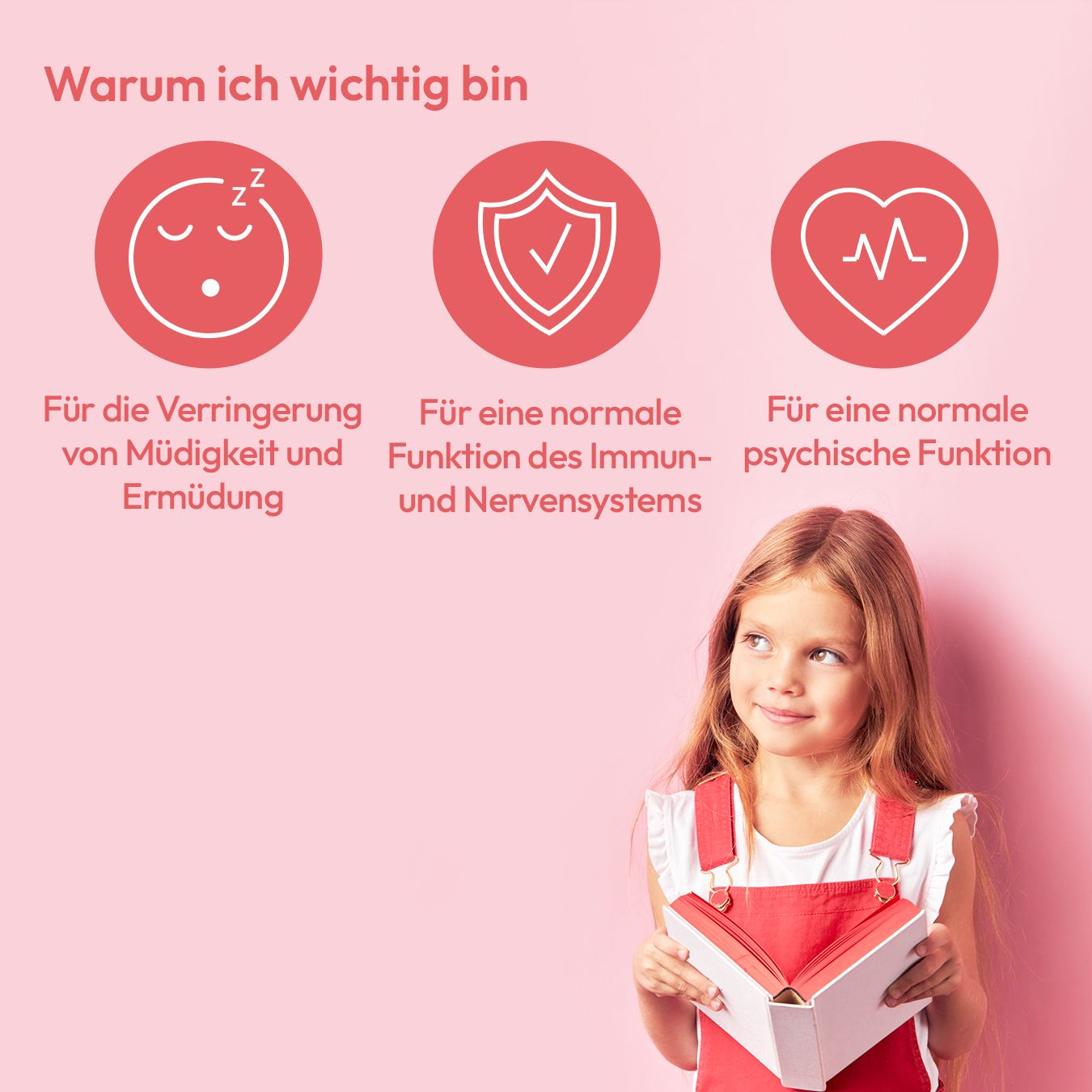 Kind hält Buch. Infografik mit Icons: Schlaf, Schild, Herz. Text: Müdigkeit, Immunsystem, Psyche.