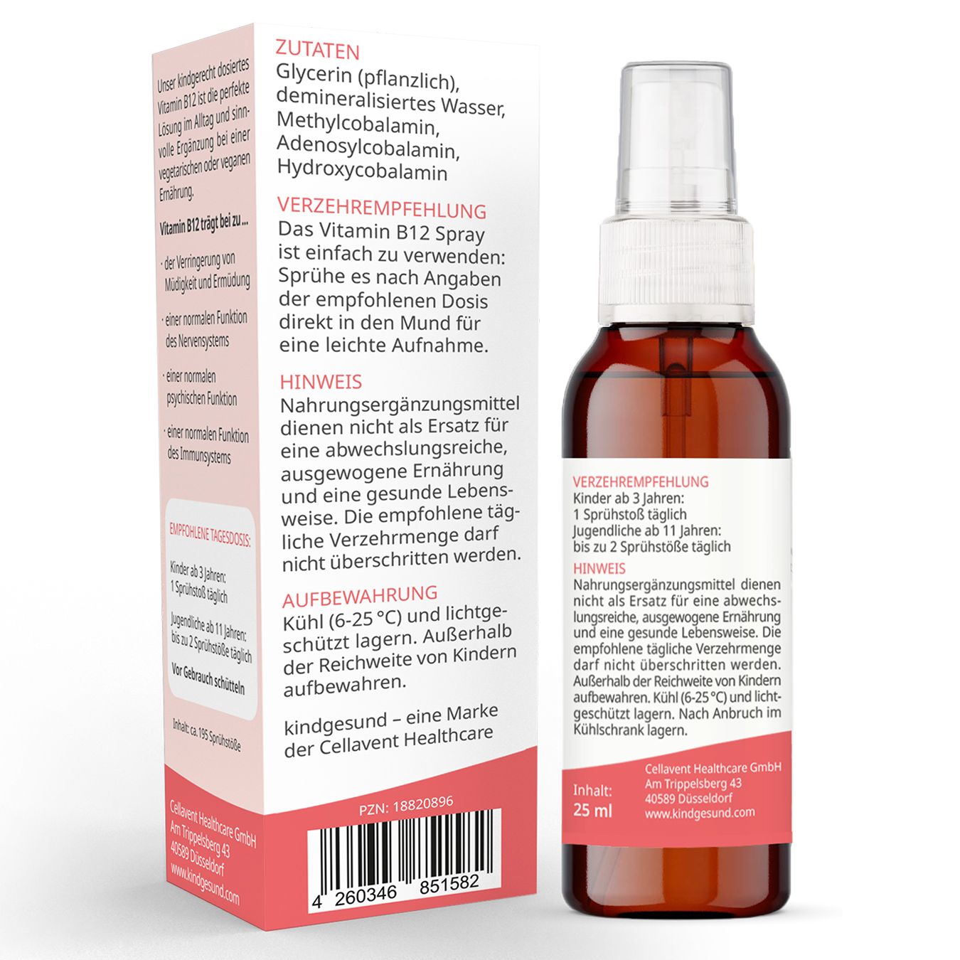 Rückseite der Sprayflasche. Text: Zutaten, Verzehrempfehlung, Hinweis, Aufbewahrung. kindgesund®.