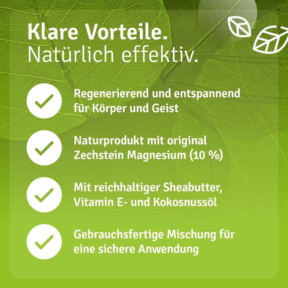 Infografik: Regenerierend und entspannend, Naturprodukt mit Magnesium, mit Sheabutter, Vitamin E und Kokosnussöl. Flasche.