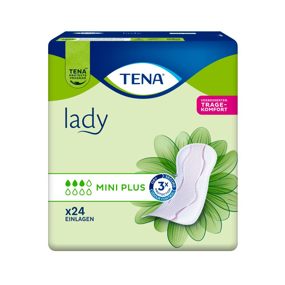 Verpackung von TENA Lady Mini Plus Einlagen. Grün-weiß, mit Produktabbildung und Text. Enthält 24 Stück.