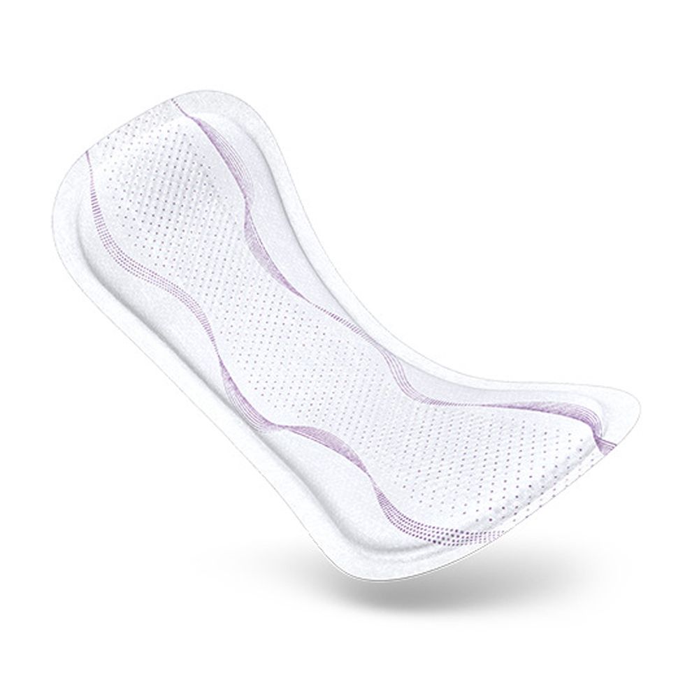 Weißes Inkontinenzeinlage mit wellenförmigen, lilafarbenen Linien. Geformt für den Körper.