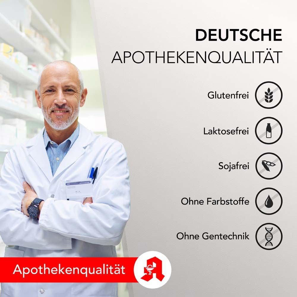 Apotheker mit Text: Deutsche Apothekenqualität. Symbole: Glutenfrei, laktosefrei, sojafrei, ohne Farbstoffe, ohne Gentechnik.