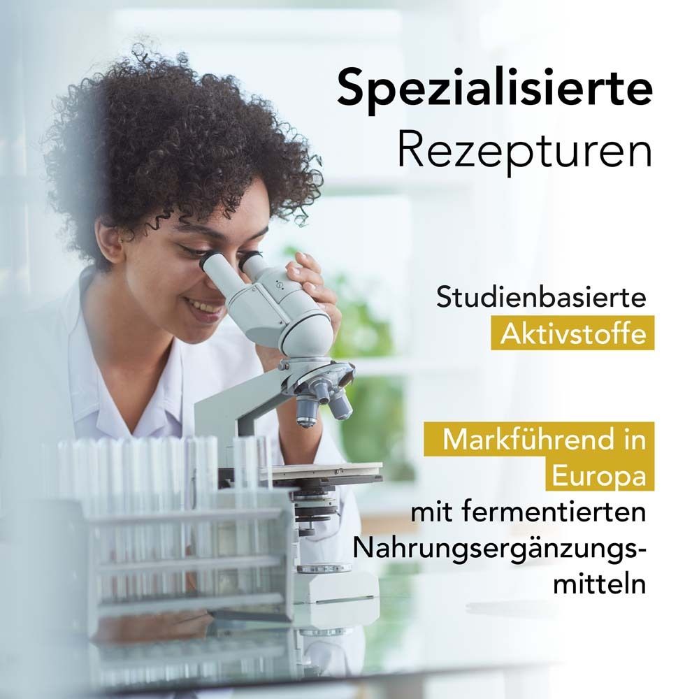 Frau mit Mikroskop. Text: Spezialisierte Rezepturen. Studienbasierte Wirkstoffe. Marktführend in Europa.