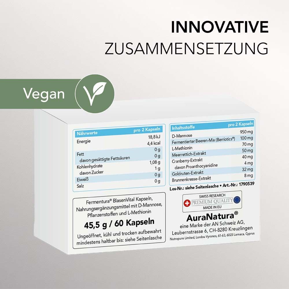 Rückseite der Schachtel Fermentura BlasenVital. Nährwerttabelle und Inhaltsstoffe. Vegan-Siegel.