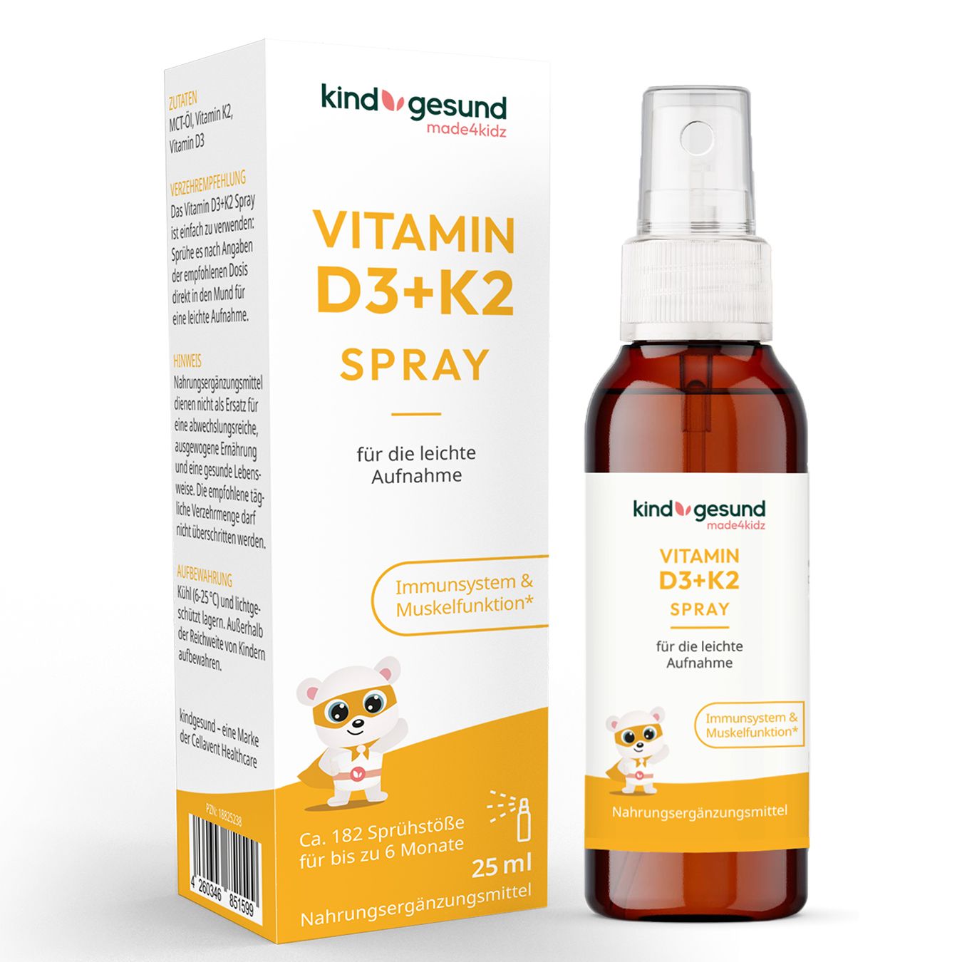 Braune Sprühflasche mit weißem Sprühkopf. Aufdruck: Vitamin D3+K2 Spray. Karton daneben.