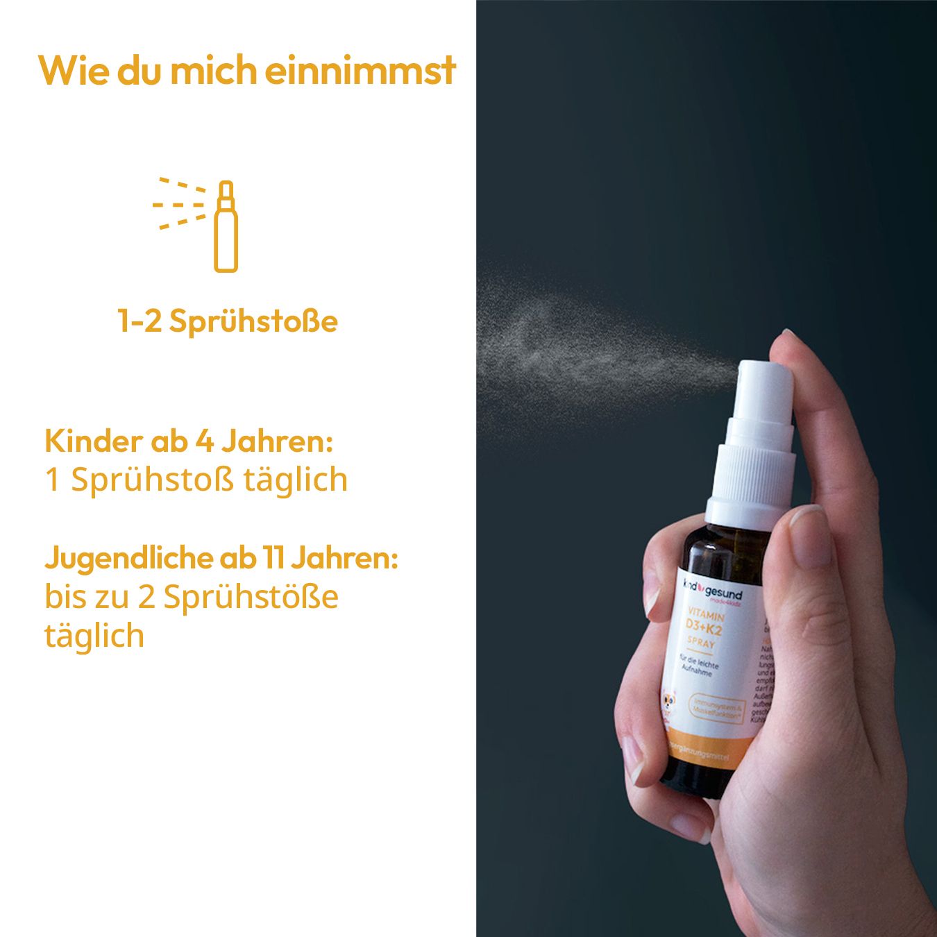 Hand hält Sprühflasche. Text: 1-2 Sprühstöße. Kinder ab 4 Jahren: 1 Sprühstoß. Jugendliche: 2.
