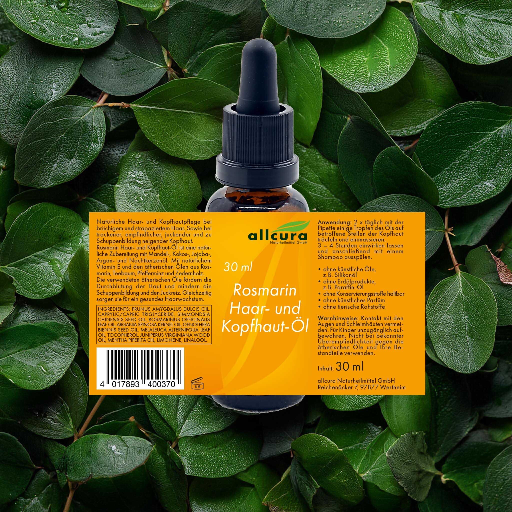 Produktflasche auf Blättern. Etikett mit Produktname, Marke und Inhaltsstoffen. Barcode.