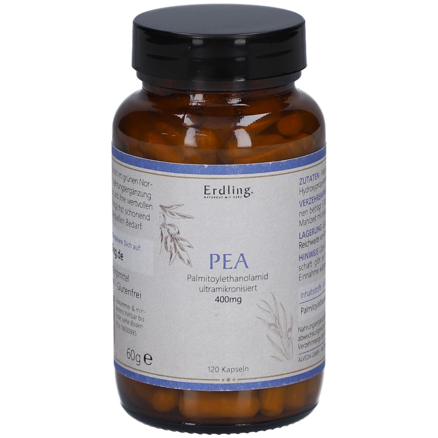 Braune Glasflasche mit schwarzen Deckel. Etikett mit Produktnamen PEA, 400mg und 120 Kapseln. Marke: Erdling.