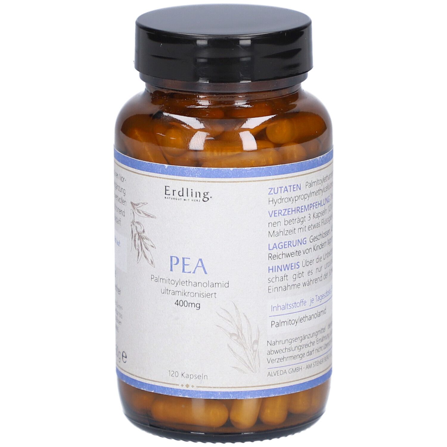 Braune Glasflasche mit schwarzem Deckel. Etikett mit Produktnamen PEA, 400mg und 120 Kapseln. Marke: Erdling.