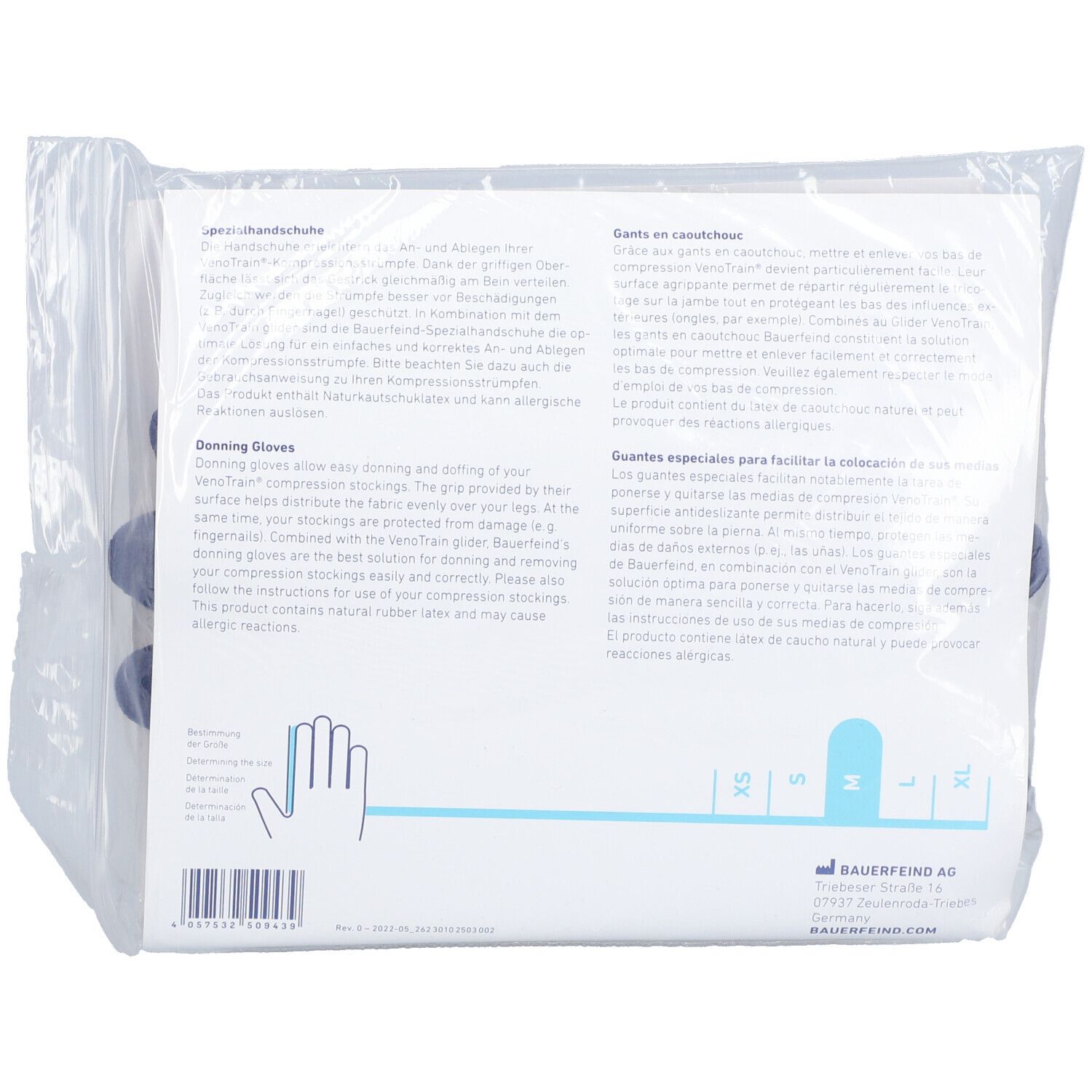 Rückseite der Handschuhe in Folienverpackung. Text und Größenangaben: XS, S, M, L, XL. Marke: Bauerfeind.