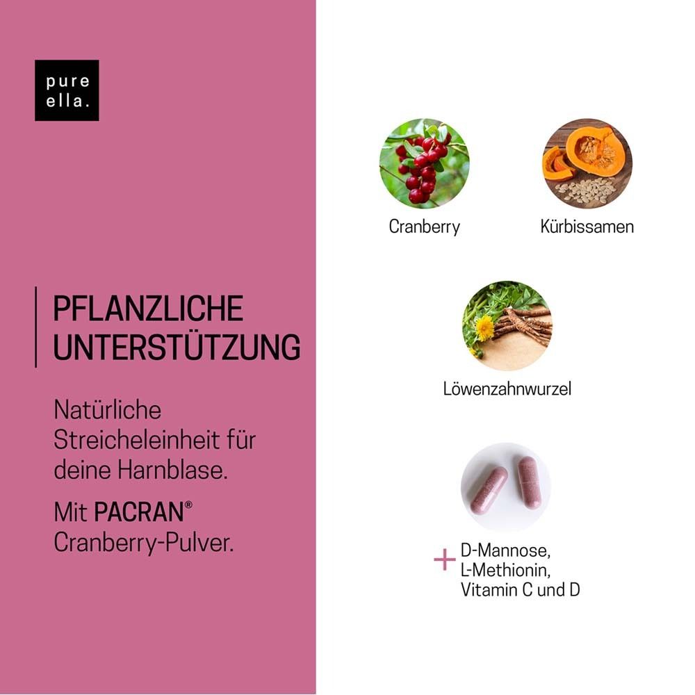 Infografik mit Inhaltsstoffen: Cranberry, Kürbiskerne, Löwenzahnwurzel, Kapseln. Text: Pflanzliche Unterstützung.