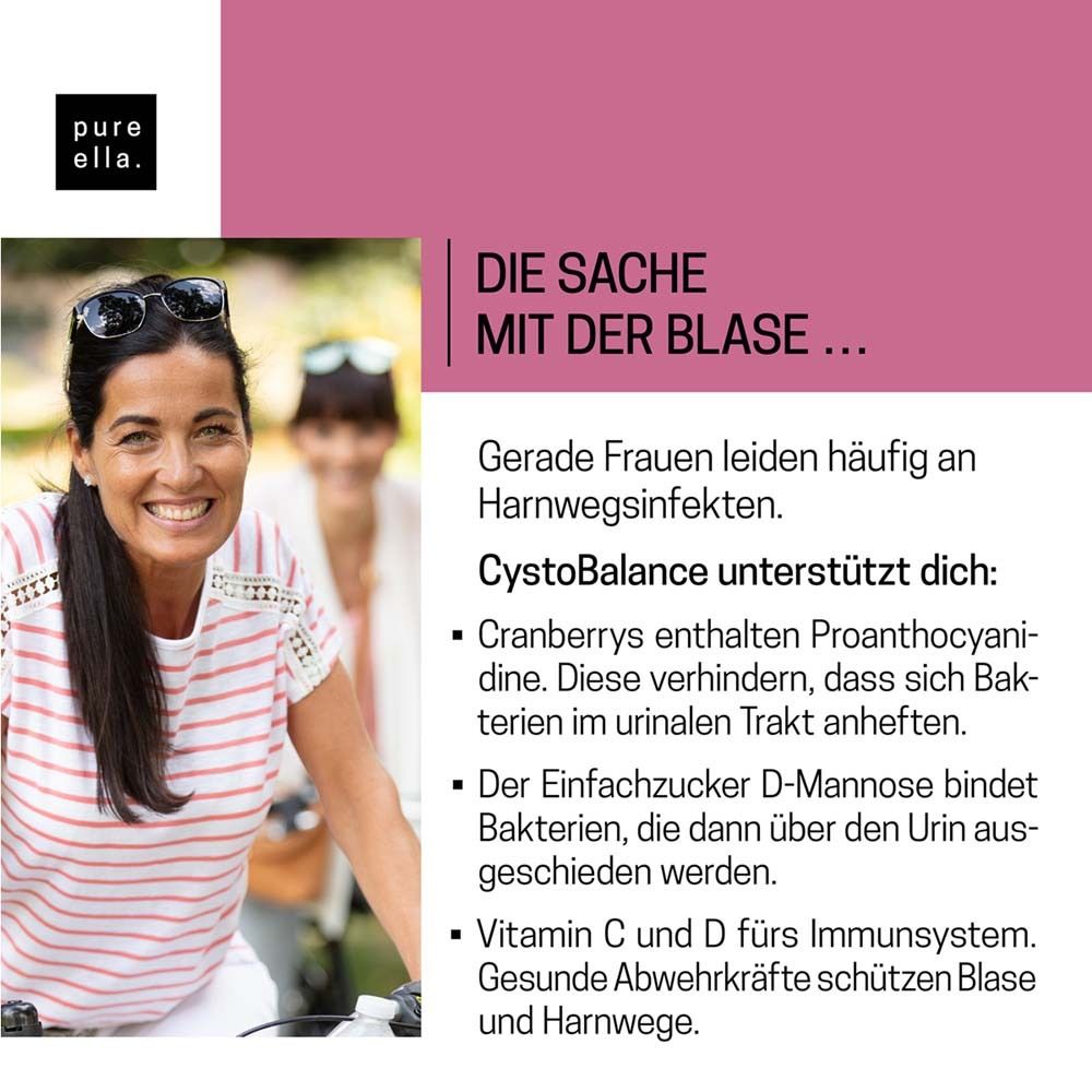 Frau lächelt. Text: Die Sache mit der Blase... CystoBalance unterstützt dich. Cranberry, D-Mannose, Vitamin C und D.