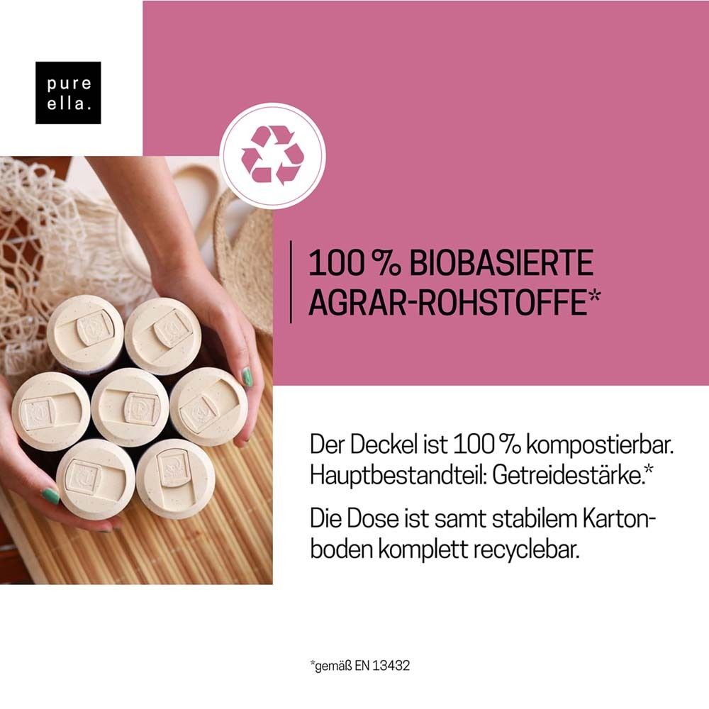 Hände halten Dosen. Text: 100% biobasierte Agrar-Rohstoffe. Deckel kompostierbar. Dose recycelbar.