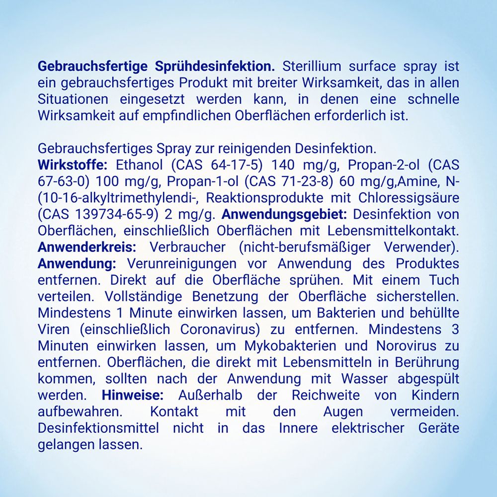Text auf weißem Hintergrund. Gebrauchsanweisung für Sterillium surface spray. Inhaltsstoffe, Anwendung und Warnhinweise.