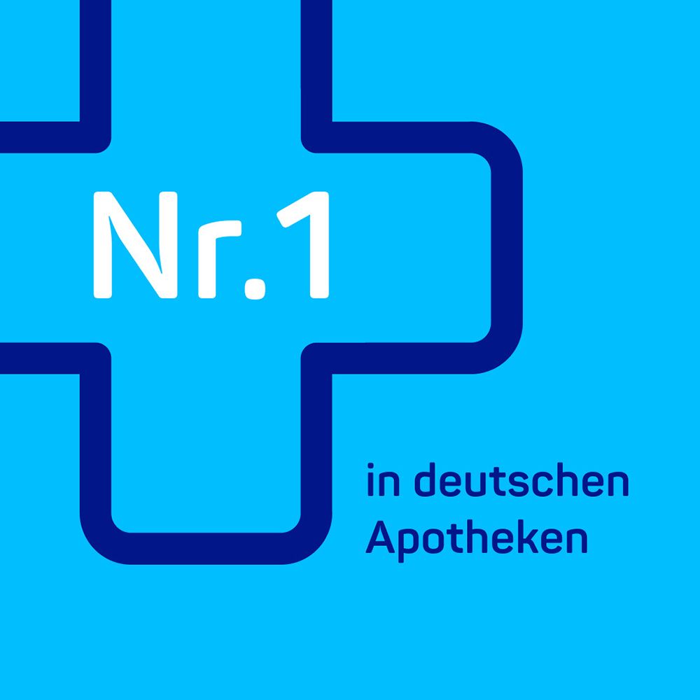 Blaues Logo mit weißem Kreuz und Schriftzug: Nr. 1 in deutschen Apotheken.