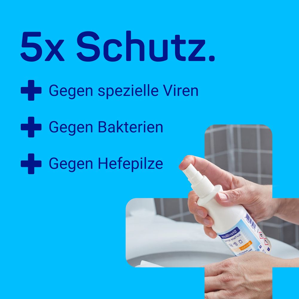 Hände sprühen Desinfektionsmittel auf Toilettensitz. Text: 5x Schutz. Gegen Viren, Bakterien und Hefepilze.