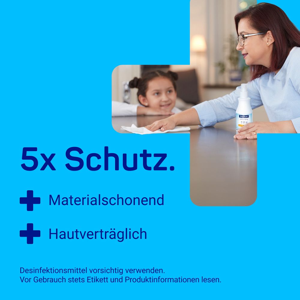 Frau und Kind wischen Tisch ab. Text: 5x Schutz. Materialschonend und hautverträglich.