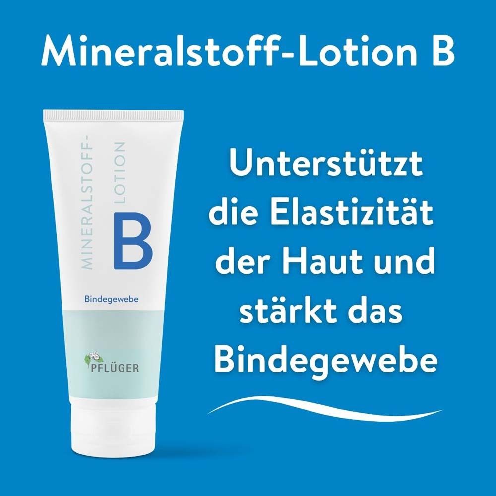Blaue Grafik mit Tube Mineralstoff-Lotion B. Text: Unterstützt die Elastizität der Haut und stärkt das Bindegewebe.