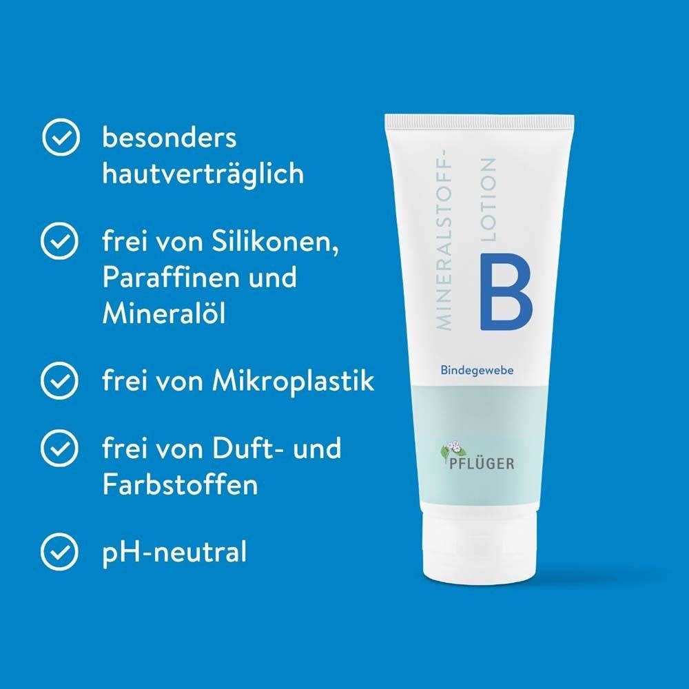 Blaue Grafik mit Tube Mineralstoff-Lotion B. Text: Besonders hautverträglich, frei von Silikonen, etc., pH-neutral.