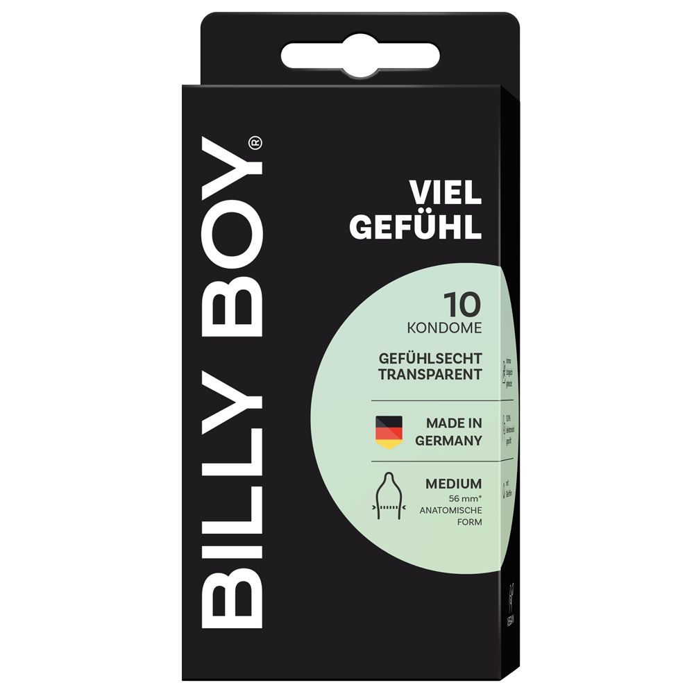 Schwarze Schachtel mit BILLY BOY Logo und Aufschrift VIEL GEFÜHL. Enthält 10 Kondome. Transparent, anatomische Form, 56 mm.