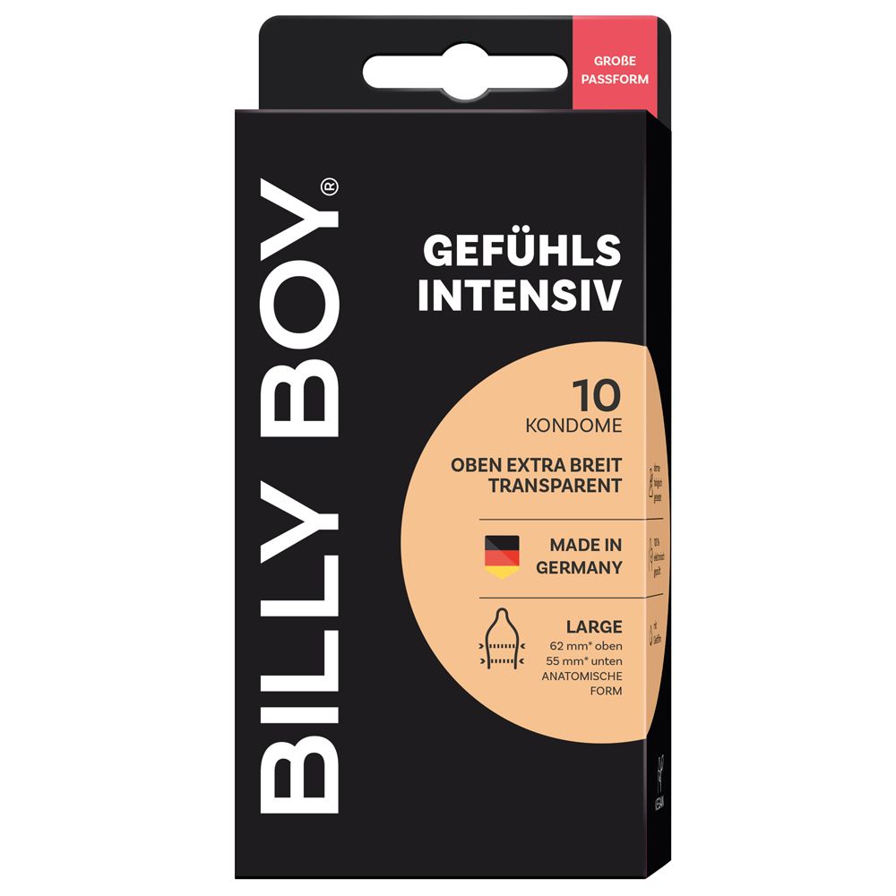 Schwarze Schachtel mit "BILLY BOY"-Logo. Text: "GEFÜHLS INTENSIV", "10 Kondome", "OBEN EXTRA BREIT TRANSPARENT". Mit Deutschland-Flagge.