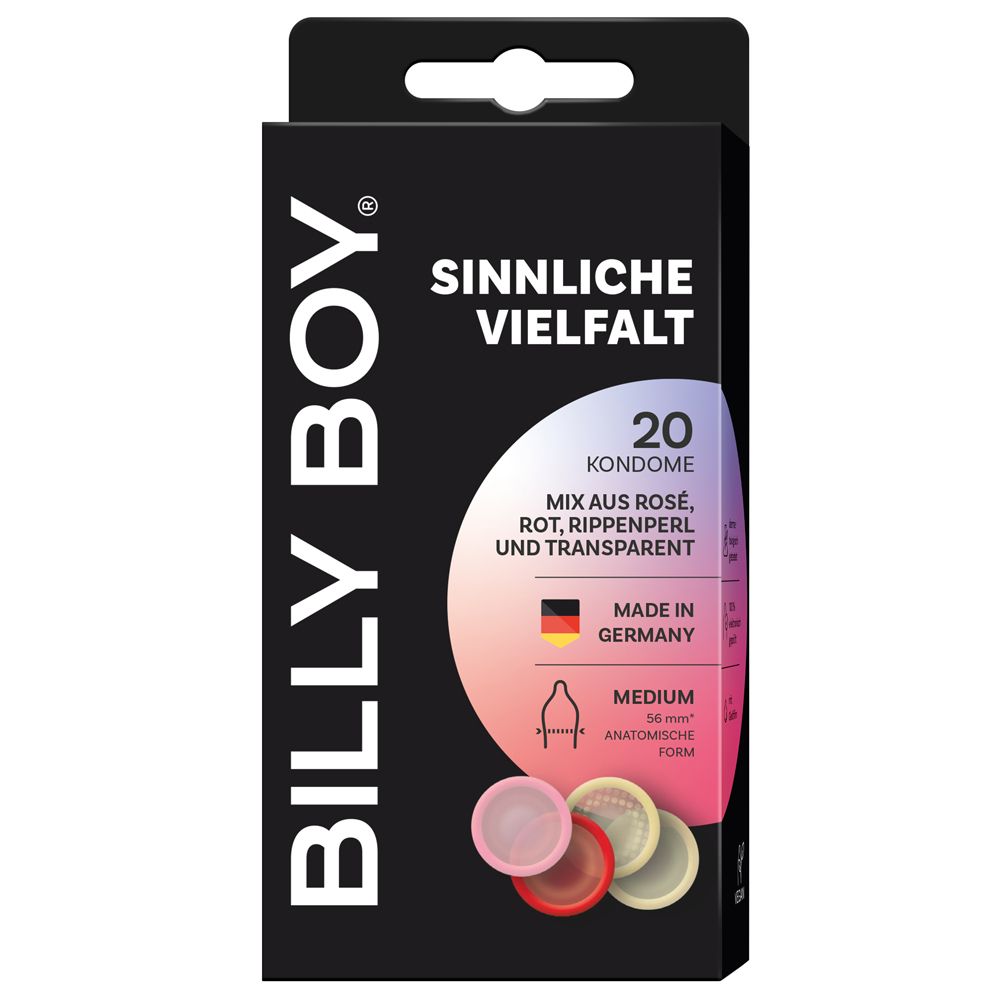 Schwarze Verpackung mit Produktnamen und 20 Kondomen. Mix aus verschiedenen Farben. Made in Germany. Anatomische Form.