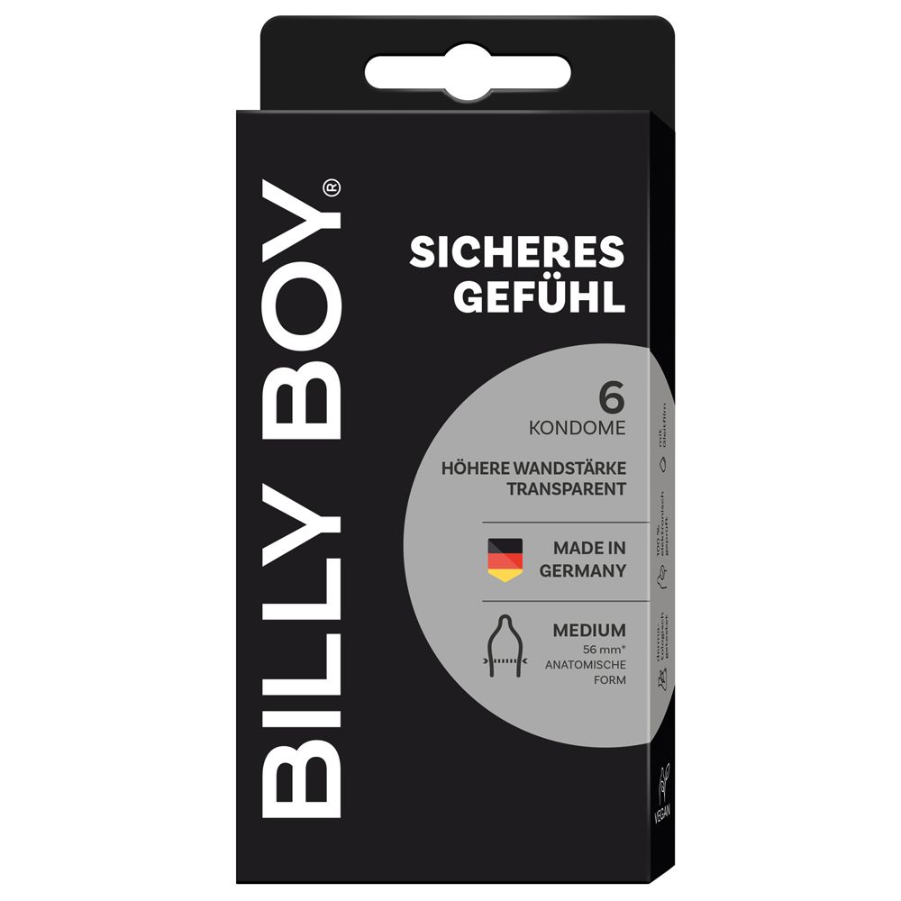 Schwarze Verpackung mit BILLY BOY Logo. Text: Sicheres Gefühl, 6 Kondome, höhere Wandstärke, transparent. Hergestellt in Deutschland. Anatomische Form.