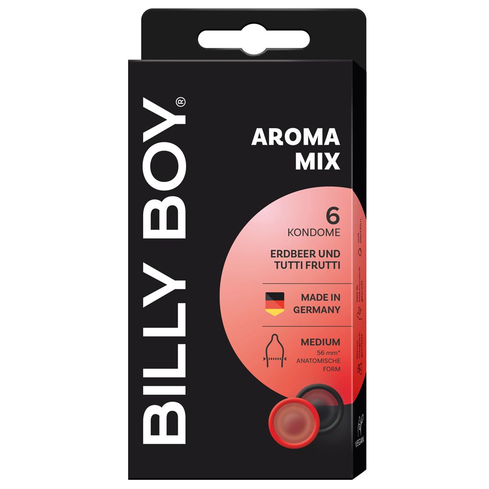 Schwarze Schachtel mit "BILLY BOY"-Logo und "AROMA MIX". Enthält 6 Kondome. "Erdbeer und Tutti Frutti". Hergestellt in Deutschland.