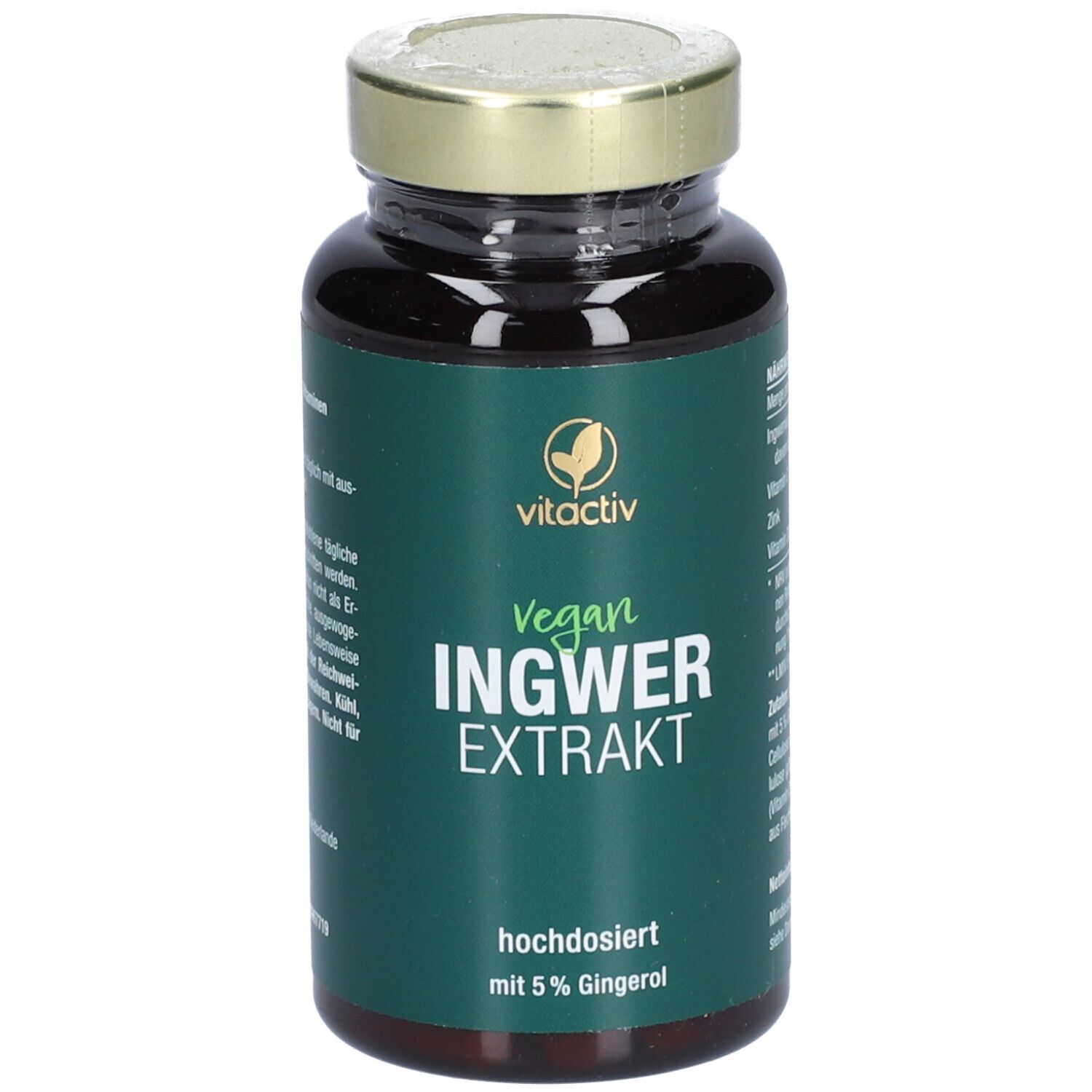 Braune Glasflasche mit goldfarbenem Deckel. Grünes Etikett mit weißer Schrift. Aufschrift: INGWER EXTRAKT, vegan, hochdosiert.