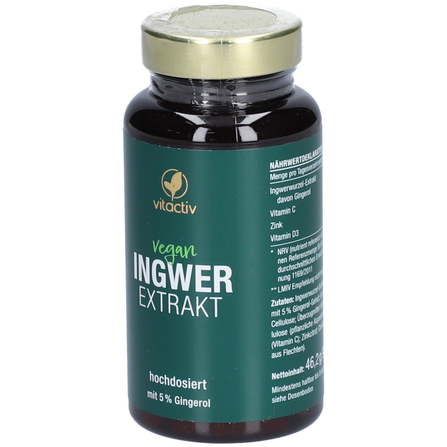 Braune Glasflasche mit goldfarbenem Deckel. Grünes Etikett mit weißer Schrift. Aufschrift: INGWER EXTRAKT, vegan, hochdosiert.