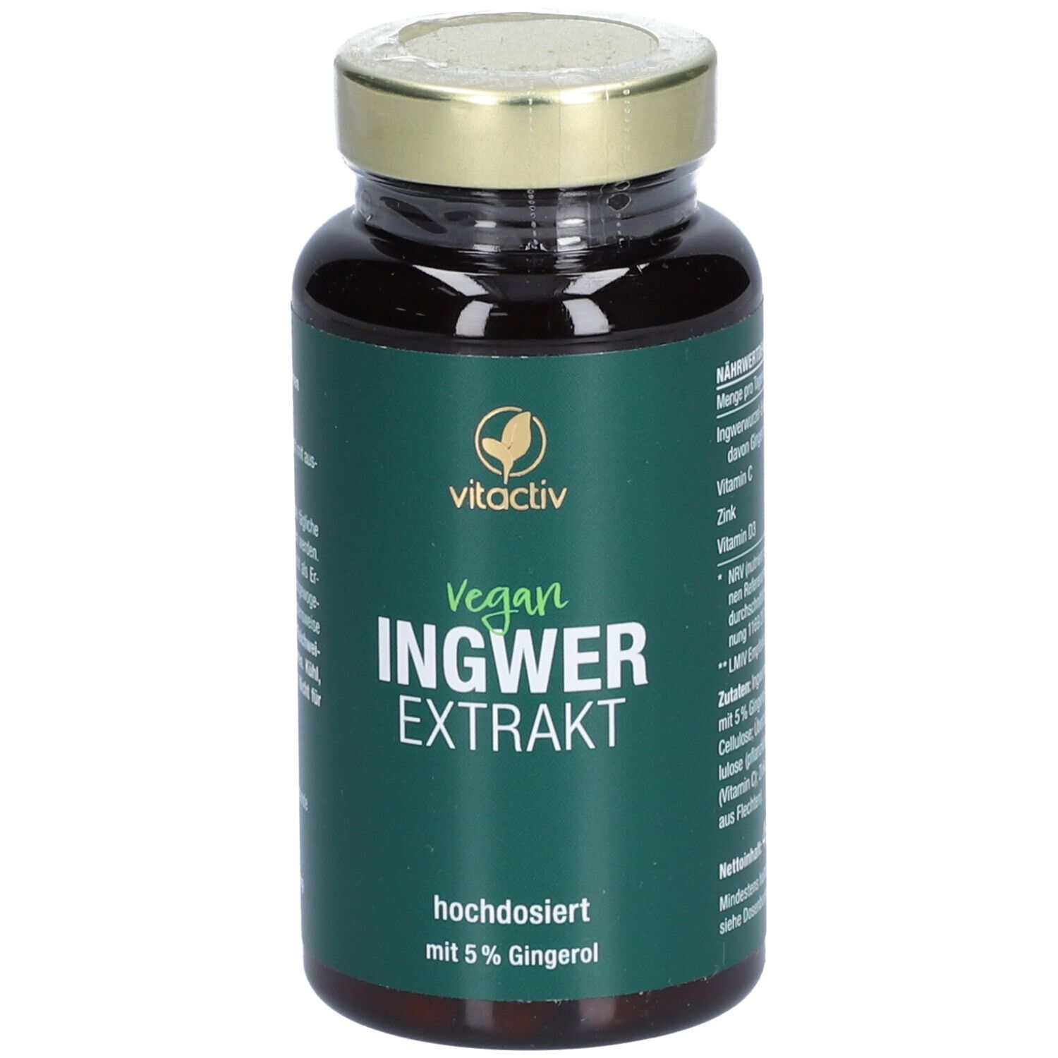 Braune Glasflasche mit goldfarbenem Deckel. Grünes Etikett mit weißer Schrift. Aufschrift: INGWER EXTRAKT, vegan, hochdosiert.
