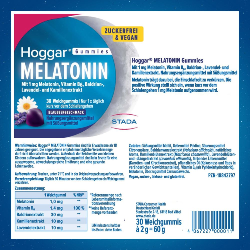 Hoggar® Melatonin Gummies Flasche. Text: 30 Weichgummis, 1 mg Melatonin, Vitamin B6, Baldrian-, Lavendel- und Kamillenextrakt.